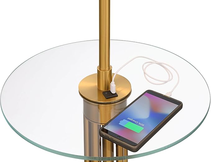 Possini Euro Design Granview Mid Century Modern 66" Tall Standing Floor Lamp with Glass Table USB Port Gold Metal Warm Brass Finish Living Room Bedroom House Reading Office Home Decor Entryway