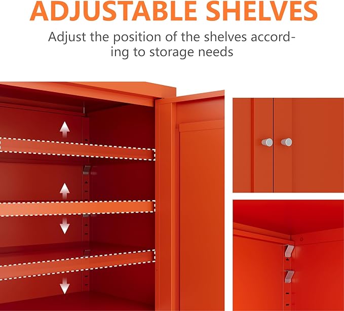 Metal Bathroom Cabinet, Small Floor Storage Cabinet, Freestanding Sideboard with 2 Adjustable Shelves for Living Room, Dinging Room (Orange, 31.5" H-2 Doors)