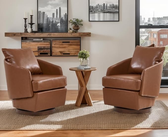 CIMOTA PU Leather Swivel Accent Chairs Set of 2, Modern Barrel Armchairs with 360° Swivel Base and Pillow, Upholstered Club Chairs for Living Room/Reading/Office, Brown