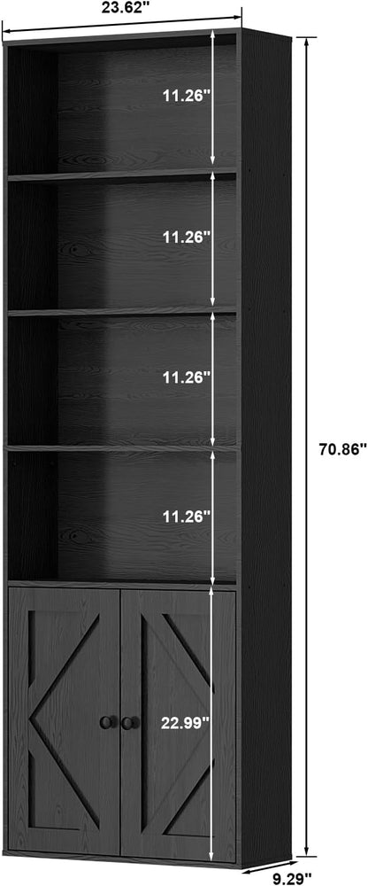 Bookshelf, 6-Tier Floor Bookcase with 2 Bottom Doors, 9.29"x23.62"x70.86", Storage Cabinet Bookshelves for Home Office, Living Room, Bedroom-Black