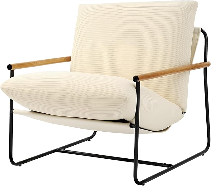 VEVOR Accent Chair, Metal Framed Chair with Wooden Armrests, Modern Cozy Upholstered Armchair, with Soft Foam Cushioning, Detachable Cushion, for Living Room, Bedroom, Reading Room, Office, Beige