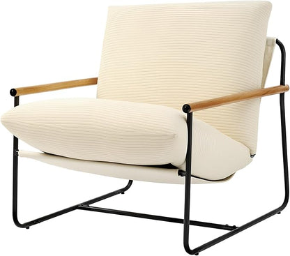VEVOR Accent Chair, Metal Framed Chair with Wooden Armrests, Modern Cozy Upholstered Armchair, with Soft Foam Cushioning, Detachable Cushion, for Living Room, Bedroom, Reading Room, Office, Beige