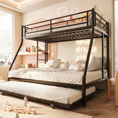 SUNLEI Metal Bunk Beds with Double Secured Ladders, Twin Over Full Bunk Bed with Surrounded Safety Guardrails, Space Saver Twin Beds, Noise Free for Small Bedroom, with Trundle, Black