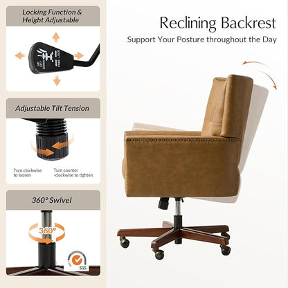 HULALA HOME Modern Home Office Chair with Tilt Lock & Metal Base, Desk Chair with 360° Swivel & Tilt Function, Height Adjustable, Wide Seat Computer Task Chair with Wheels & Padded Cushion, Camel