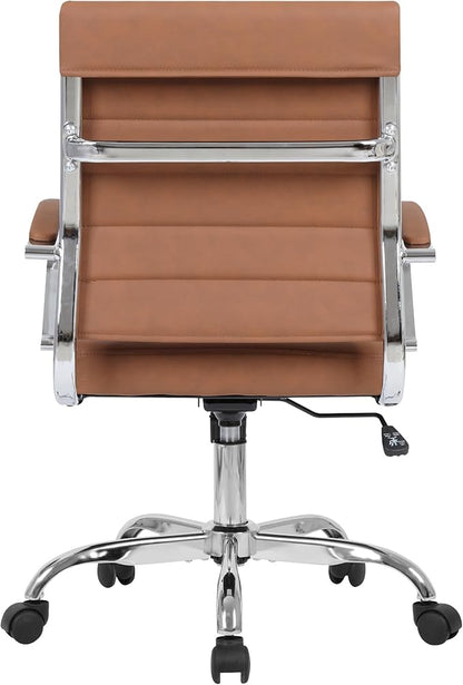 LANDSUN Home Office Chair Mid Back Desk Chair PU Leather Ribbed Executive Swivel Computer Chair with Wheels and Armrests Soft Padded Adjustable Height Conference Task Brown