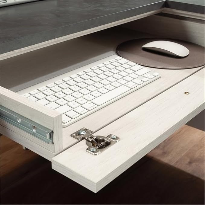 Pemberly Row Engineered Wood L-Shaped Desk in Glacier Oak/Rosso Slate Accents