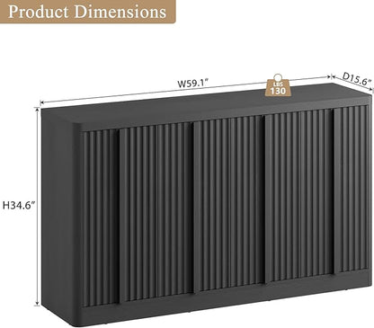 Fluted Buffet Cabinet with Storage, 120"Sideboard Buffet Cabinet with 8 Door, Modern Credenza Storage Cabinets with Adjustable Shelves, Solid Wood Handles for Kitchen, Dining, Living Room, Black(2PC)