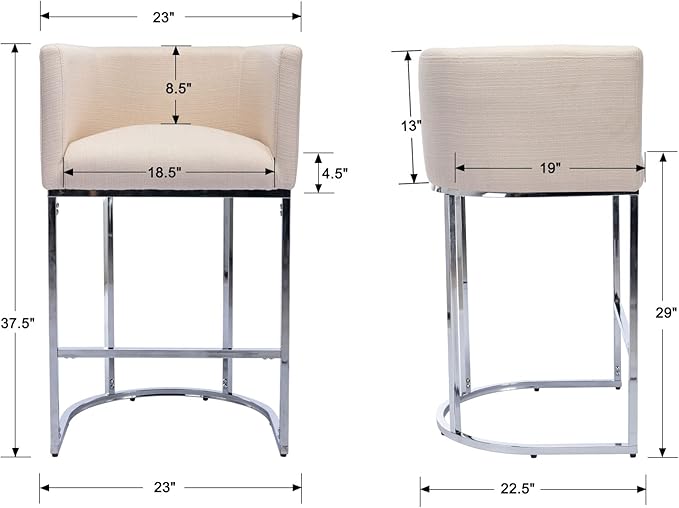 Contemporary Linen Bar Stools Set of 4, 29" Upholstered Fabric Counter Height Barstools Kitchen Counter Island Stools with Screwed Together Chrome Finish Base, Cream