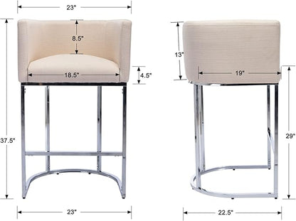 Contemporary Linen Bar Stools Set of 4, 29" Upholstered Fabric Counter Height Barstools Kitchen Counter Island Stools with Screwed Together Chrome Finish Base, Cream
