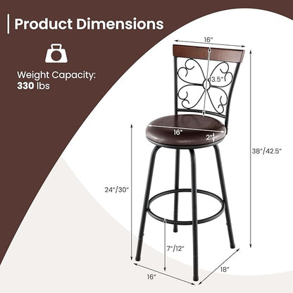 COSTWAY Bar Stools for Kitchen Island, 24/30 Inch Adjustable Seat Height Swivel Barstools Set of 2, Cushioned Seat & Cozy Backrest, Extra Leg Tubes for Height Adjustment, for Kitchen, Bar (2)