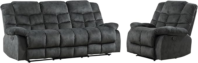 EBELLO Manual Recliner Couch Set, Soft Fabric Reclining Living Room Sofa Set, Included Single Recliner Chair and 3PC Bonded Sofa Couch, Grey Green
