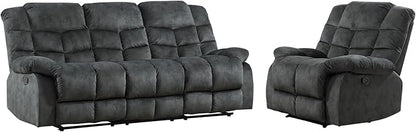 EBELLO Manual Recliner Couch Set, Soft Fabric Reclining Living Room Sofa Set, Included Single Recliner Chair and 3PC Bonded Sofa Couch, Grey Green