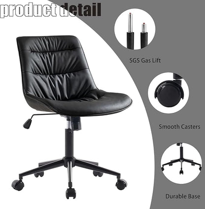 Rowill Leather Office Chair, Ergonomic Armless Desk Chair with Waterproof Cushion & Slient Wheels & SGS-Certified Class 3 Explosion-Proof Gas Lift, Ideal for Home Office, Study and Vanity(Black)