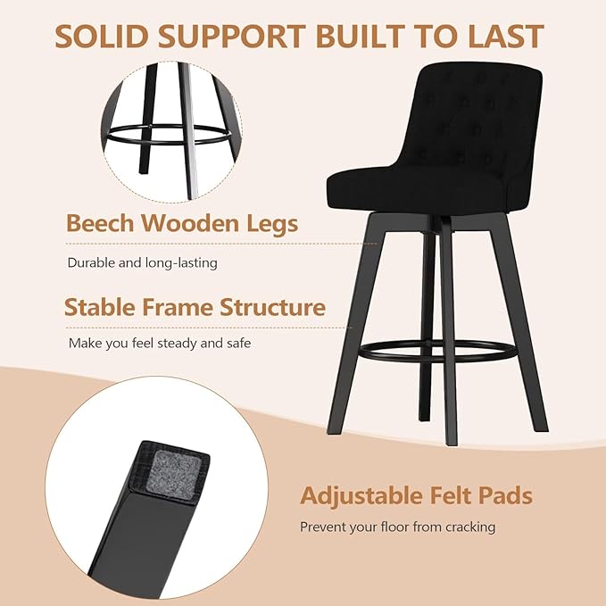MINCETA Bar Stool, 30 Inch Upholstered Barstool with Low Tufted Back and Footrest, Swivel Counter Height Barstool for Kitchen Island Home Bar Performance Fabric Black