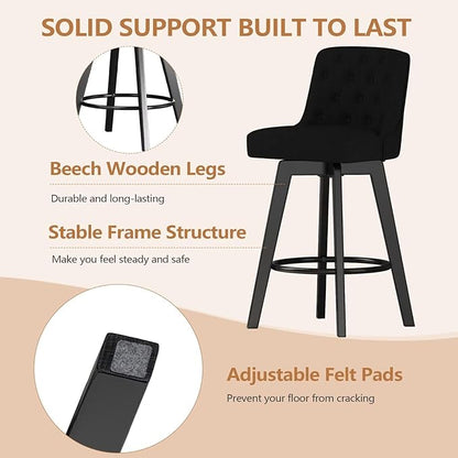 MINCETA Bar Stool, 30 Inch Upholstered Barstool with Low Tufted Back and Footrest, Swivel Counter Height Barstool for Kitchen Island Home Bar Performance Fabric Black