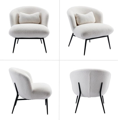 HEAH-YO Modern Accent Chair Set of 1, Upholstered Sherpa Side Chair with Barrel Backrest and Metal Legs, Comfy Armless Chair for Living Room Bedroom, White