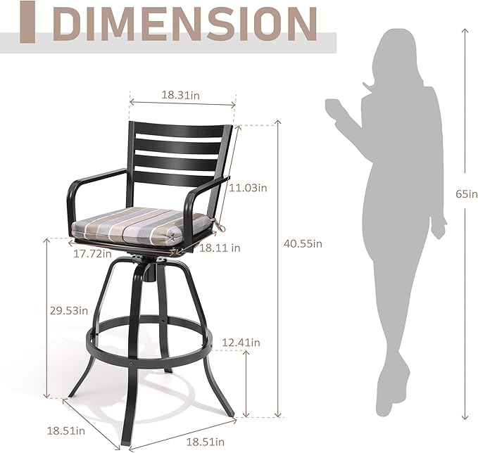 Pellebant 29.5" Outdoor Barstools Set of 2, Aluminum Swivel Patio Bar Height Stools with Back & Footrest, Rust-Proof Tall Bar Stool Chairs for Deck Lawn Garden,Milano Char