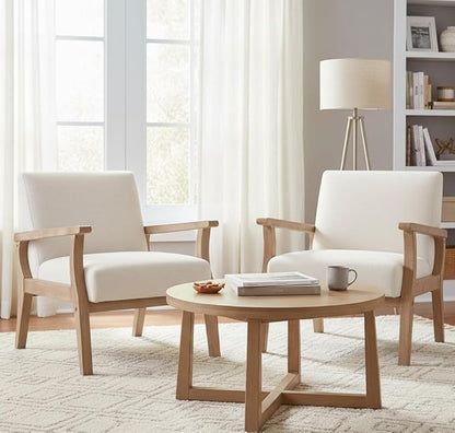 Mid Century Modern Accent Chair Set of 2, Linen Upholstered Living Room Accent Armchair with Wood Frame, Farmhouse Chair for Living Room Bedroom, Ivory