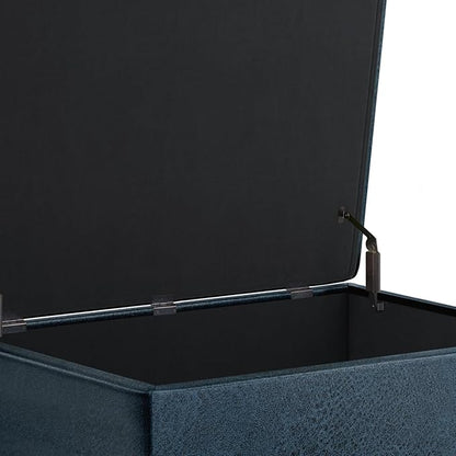 SIMPLIHOME Owen 34 inch Wide Mid Century Modern Rectangle Coffee Table Storage Ottoman in Distressed Dark Blue Vegan Faux Leather, Assembled, for the Living Room, Entryway and Family Room