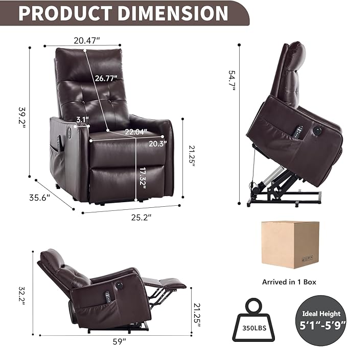 PELUMY Manual Lift Recliner Chair with Massage and Heat for Elderly, Single Motor Electric Lift Chair, Heavy Duty Recliner with USB Charging & Side Pockets (Breathable Leather, Brown)