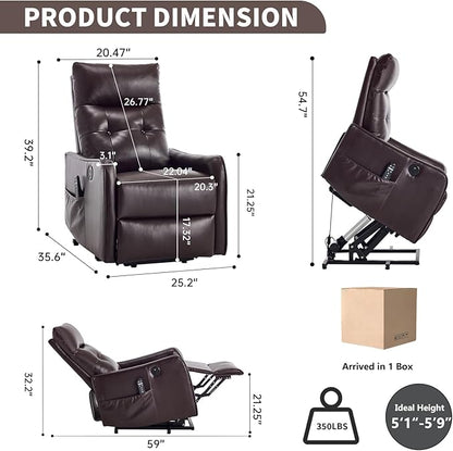 PELUMY Manual Lift Recliner Chair with Massage and Heat for Elderly, Single Motor Electric Lift Chair, Heavy Duty Recliner with USB Charging & Side Pockets (Breathable Leather, Brown)
