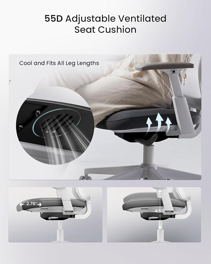ProtoArc Ergonomic Office Chair - Flexer Desk Chair with Foam Cushion Sliding Seat, Advanced Airflow Mesh, Adjustable Armrest, Swivel Computer Chairs for Home Office - White