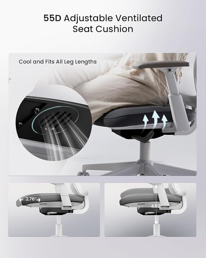 ProtoArc Ergonomic Office Chair - Flexer Desk Chair with Foam Cushion Sliding Seat, Advanced Airflow Mesh, Adjustable Armrest, Swivel Computer Chairs for Home Office - White