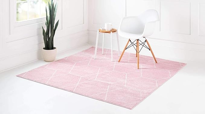 Unique Loom Trellis Frieze Collection Area Rug - Geometric (7' 10" Square, Light Pink/ Ivory)