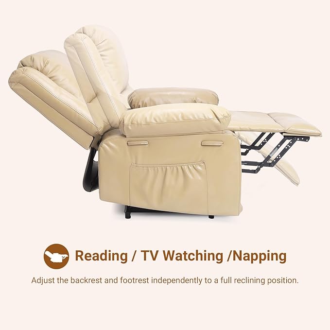 PU Leather Electric Power Lift Chair, Recliner Massage Chair with Remote Control and Side Pocket for Elderly, Power Lift Recliner Sofa with Heat and Massage for Living Room, Bedroom, Beige