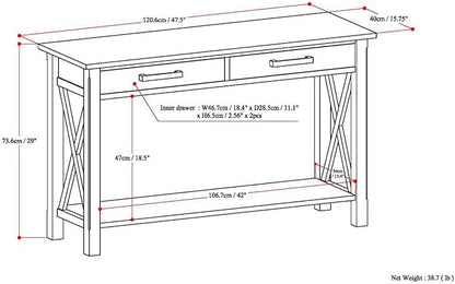 SIMPLIHOME Kitchener Console Table - 47 Inch Wide Solid Wood Sofa Table in Distressed Grey, Contemporary Storage Table for Entryway or Living Room with 2 Drawers, Bottom Shelf, and X-Design Sides