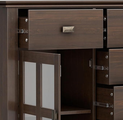 SIMPLIHOME Artisan Buffet - 54 inch Wide Solid Wood 3-Door Sideboard Buffet in Natural Aged Brown, Transitional Storage Cabinet for Dining Room or Kitchen with Adjustable Shelves and Bronze Hardware