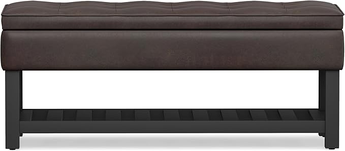 SIMPLIHOME Cosmopolitan 44 inch WideTransitional Rectangle Storage Ottoman Bench with Open Bottom in Distressed Brown Vegan Faux Leather, Assembled for the Living Room and Bedroom