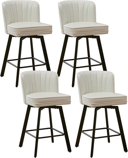 Swivel Counter Height Bar Stools Set of 4, 26'' Modern Barstools with Backs and Metal Legs, Upholstered Bar Chairs, Faux Leather White Stools for Kitchen Island Chairs