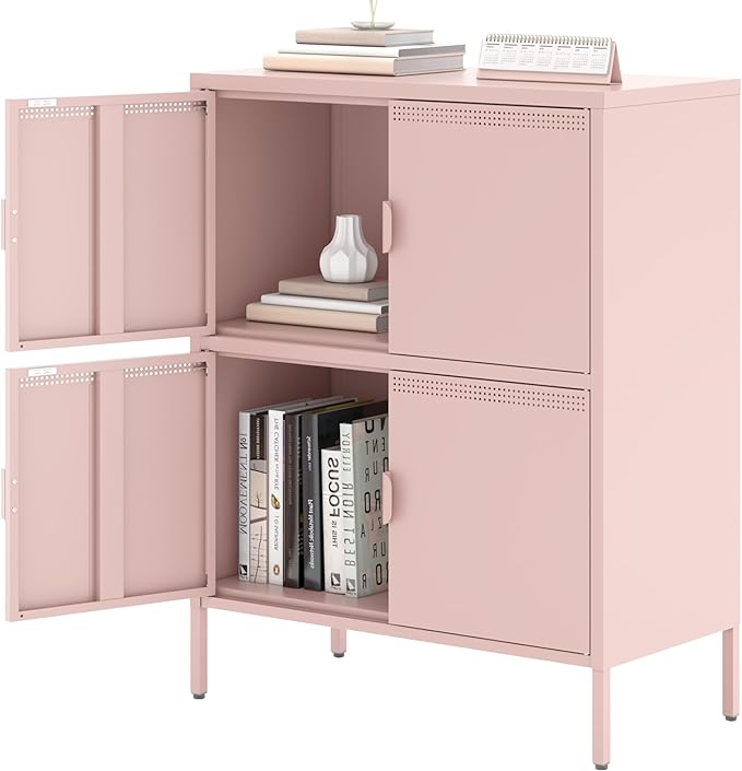 4 Door Metal Storage Locker,2-Tier Office Cabinet,Pink Metal Locker Storage Cabinet for Industrial,Home,School,Gym,31.5 x 15.8 x 40 Inches,Pink
