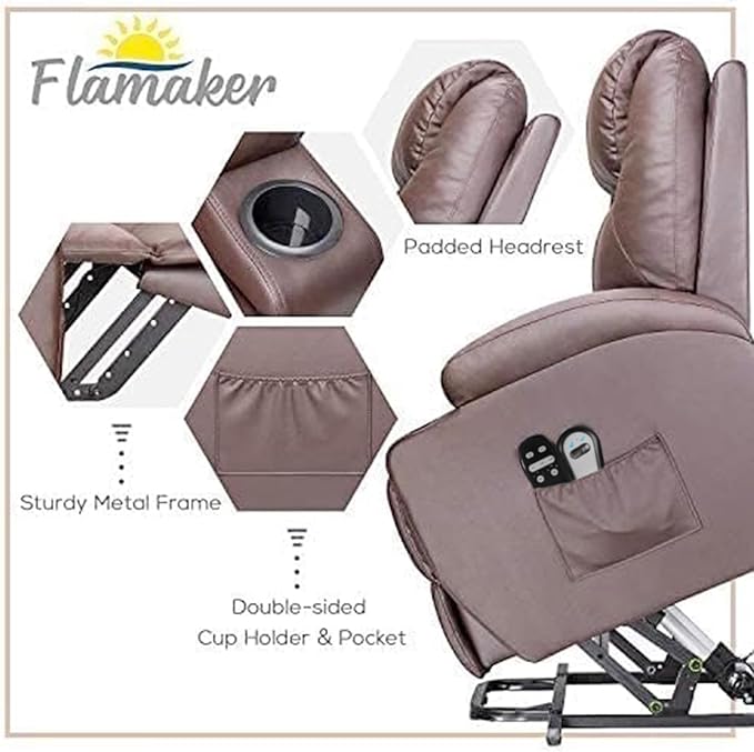 Flamaker Power Lift Recliner Chair Electric Lift Recliner for Elderly Power Lift Recliner Chair with Cup Holders Side Pockets for Living Room (Leather, Brown)