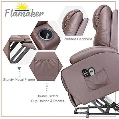 Flamaker Power Lift Recliner Chair Electric Lift Recliner for Elderly Power Lift Recliner Chair with Cup Holders Side Pockets for Living Room (Leather, Brown)