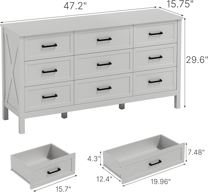 LYNSOM Farmhouse 9 Drawers Dresser for Bedroom, 55" Wide Wood Rustic Chest of Drawers with Natural Texture, Metal Handle, Storage Dressers Organizer for Entryway, Hallway, White