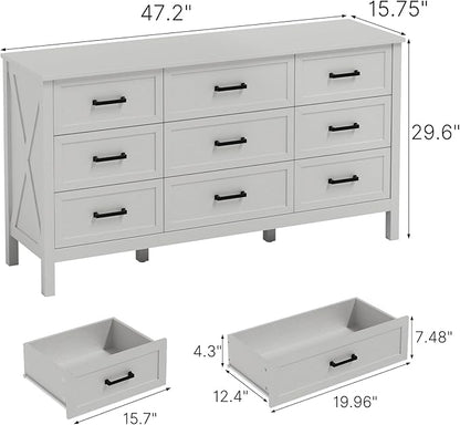 LYNSOM Farmhouse 9 Drawers Dresser for Bedroom, 55" Wide Wood Rustic Chest of Drawers with Natural Texture, Metal Handle, Storage Dressers Organizer for Entryway, Hallway, White