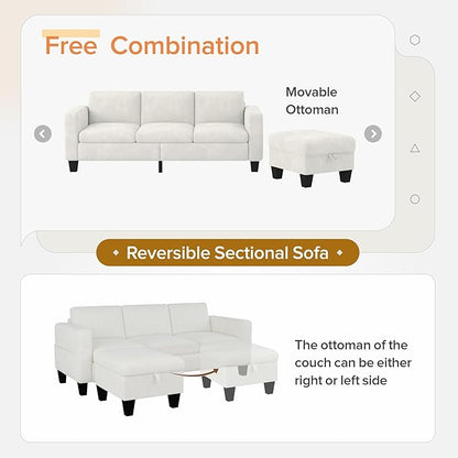 Sectional Sofa Couches for Living Room - 78''Convertible Modular Three-Seater L-Shaped Pet-Friendly Couch,Washable Sofa Cover-Bench Storage, Suitable for Small Living Room, Apartment,Office-White