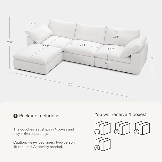 Modular Sectional Sofa, 110.2" L Shaped Modern Sofa Modular Sectional Cloud Couch with Ottoman, Modern Cloud Sectional Couches for Living Room, Deep Seat Sofa with Washable Cover