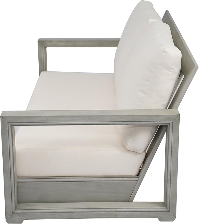 Christopher Knight Home Olaf 4 Pieces Outdoor Conversation Set, Acacia Wood Chat Set, Rectangular Coffee Table and Patio Loveseat with 2 Club Chairs, Patio Furniture Set with Cushion, Beige+Light Grey