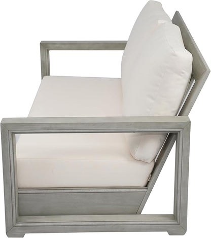 Christopher Knight Home Olaf 4 Pieces Outdoor Conversation Set, Acacia Wood Chat Set, Rectangular Coffee Table and Patio Loveseat with 2 Club Chairs, Patio Furniture Set with Cushion, Beige+Light Grey