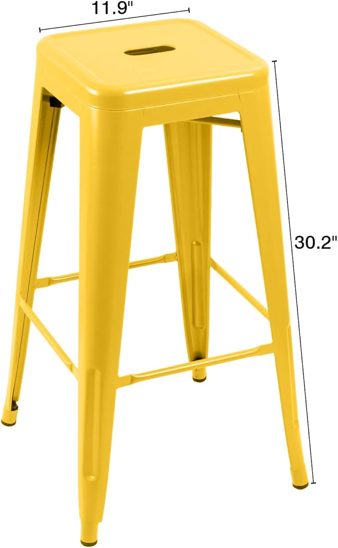 Furniwell 30 Inches Metal Bar Stools High Backless Tolix Indoor-Outdoor Stackable Barstool with Square Counter Seat Set of 4 (Yellow)