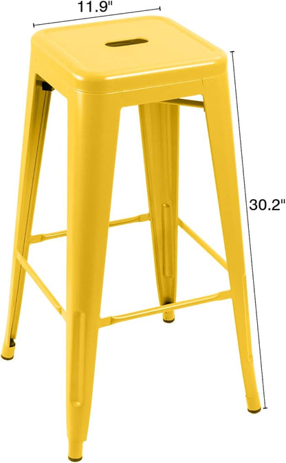 Furniwell 30 Inches Metal Bar Stools High Backless Tolix Indoor-Outdoor Stackable Barstool with Square Counter Seat Set of 4 (Yellow)