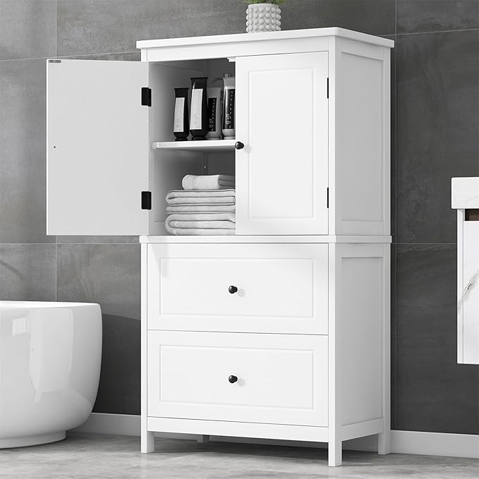 Polibi 43.3" H Storage Cabinet with 2 Doors, 2 Drawers, Adjustable Shelf, Wooden Linen Cabinet for Bathroom, Office, Kitchen, White