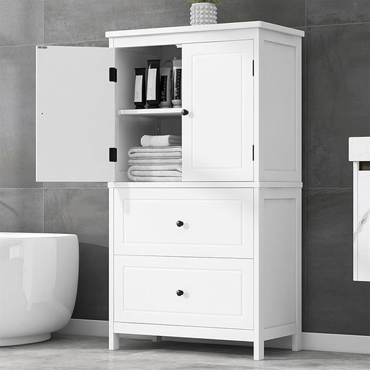 Polibi 43.3" H Storage Cabinet with 2 Doors, 2 Drawers, Adjustable Shelf, Wooden Linen Cabinet for Bathroom, Office, Kitchen, White