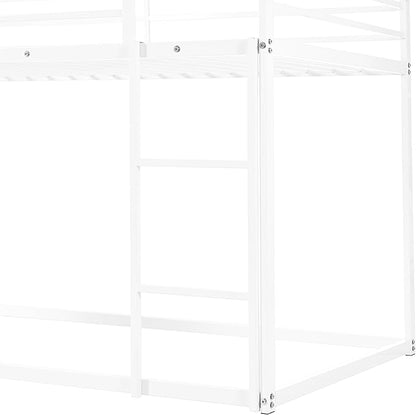Twin Over Twin Metal Floor Bunk Bed with Slide,Metal Junior House Twin Size House Bunk Bed Frame with Ladder & Roof for Boy Girl, No Box Spring Needed,Low Bunk Bed Frame with Convertible Slide