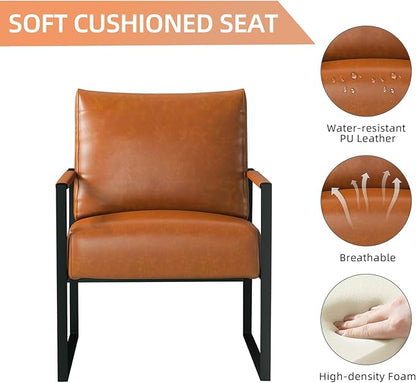 INZOY Leather Accent Chair with Metal Frame Set of 2, Comfy Living Room Chair with Plump Backrest and Cushion, Mid Century Modern Chair with Sturdy Structure, Easy to Clean, Brown