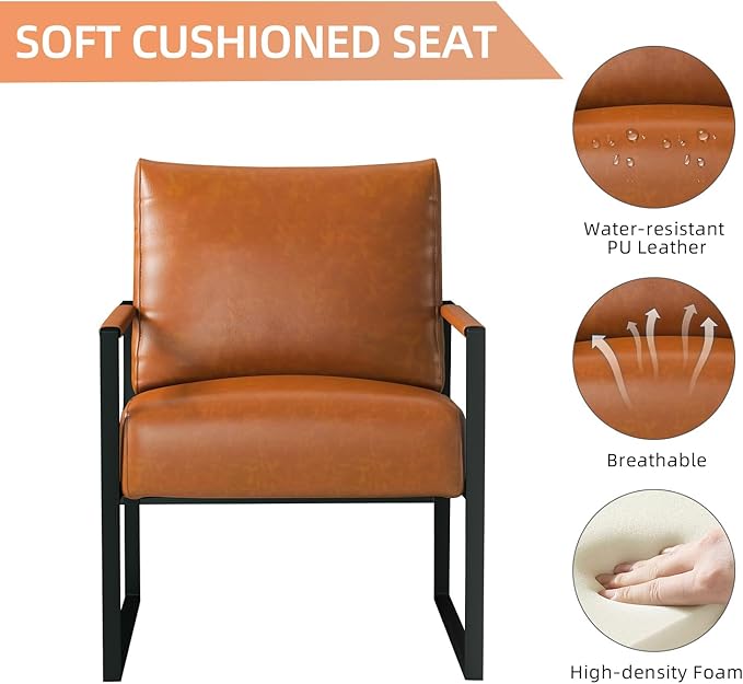 INZOY Leather Accent Chair with Metal Frame, Comfy Living Room Chair with Plump Backrest and Cushion, Mid Century Modern Chair with Sturdy Structure, Easy to Clean, Brown