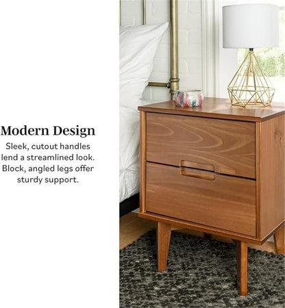 Walker Edison Mid Century Modern Grooved Handle Wood Nightstand Side Table Bedroom Storage Drawer and Shelf Bedside End Table, 2 Drawer, Caramel